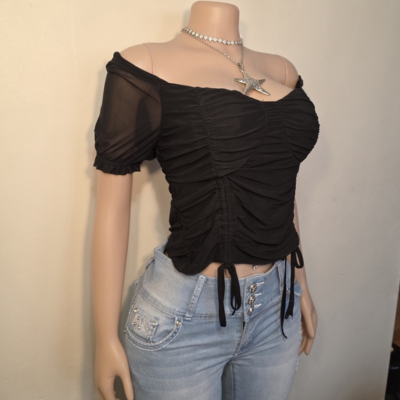 ☆Black Ruched Off-Shoulder Drawstring Crop Top☆ - Picture 2 of 4